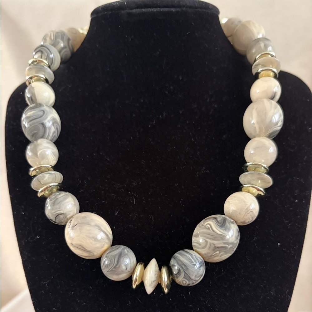 Gray Marble Bead Necklace with Gold Accents - Women Jewelry